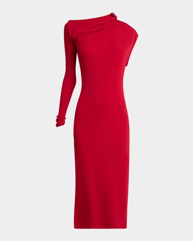 Asymmetric-Neck Long Sleeve Midi Dress